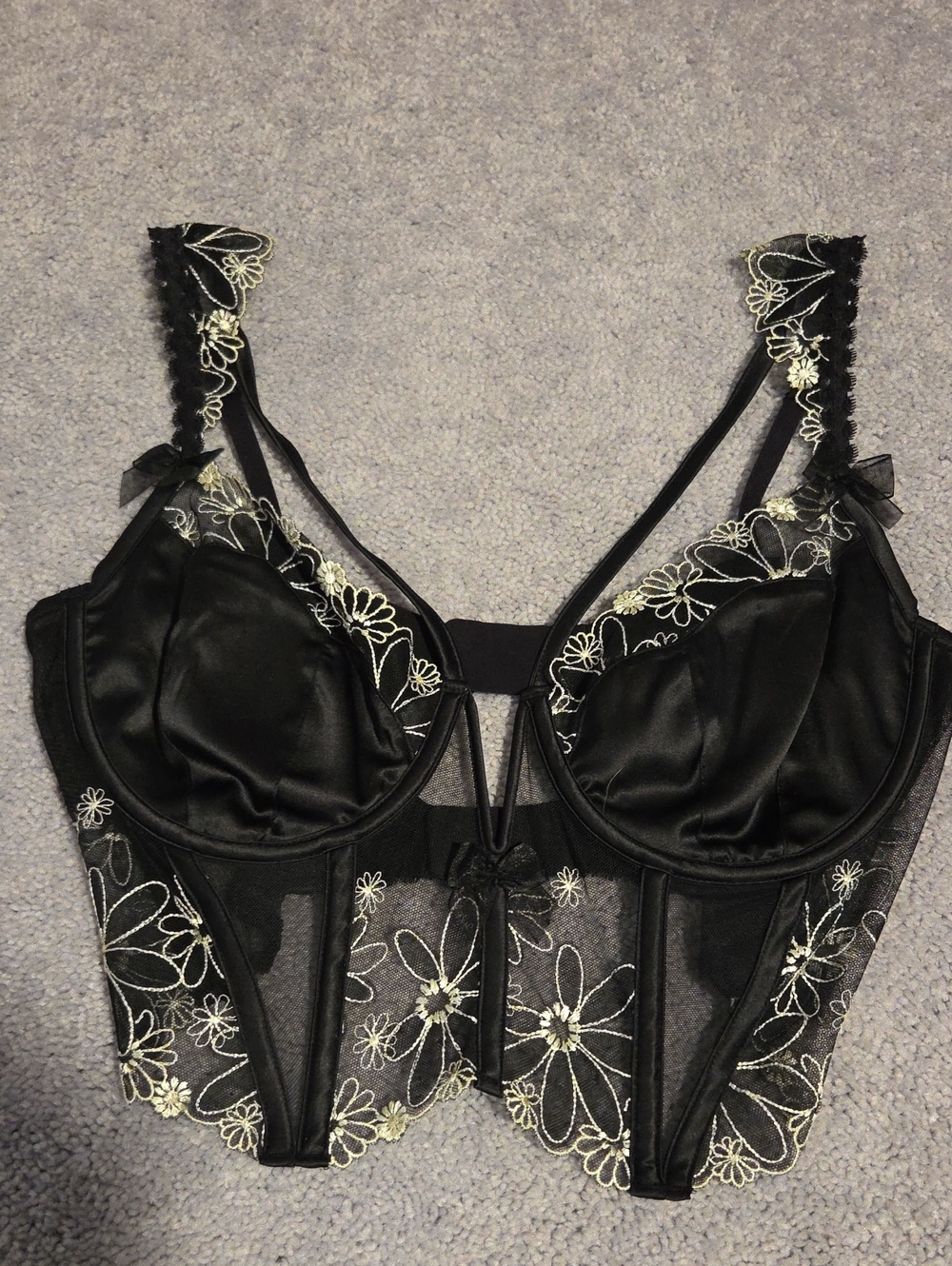 For Love And Lemons Black Bra with Cream Floral Embroidery